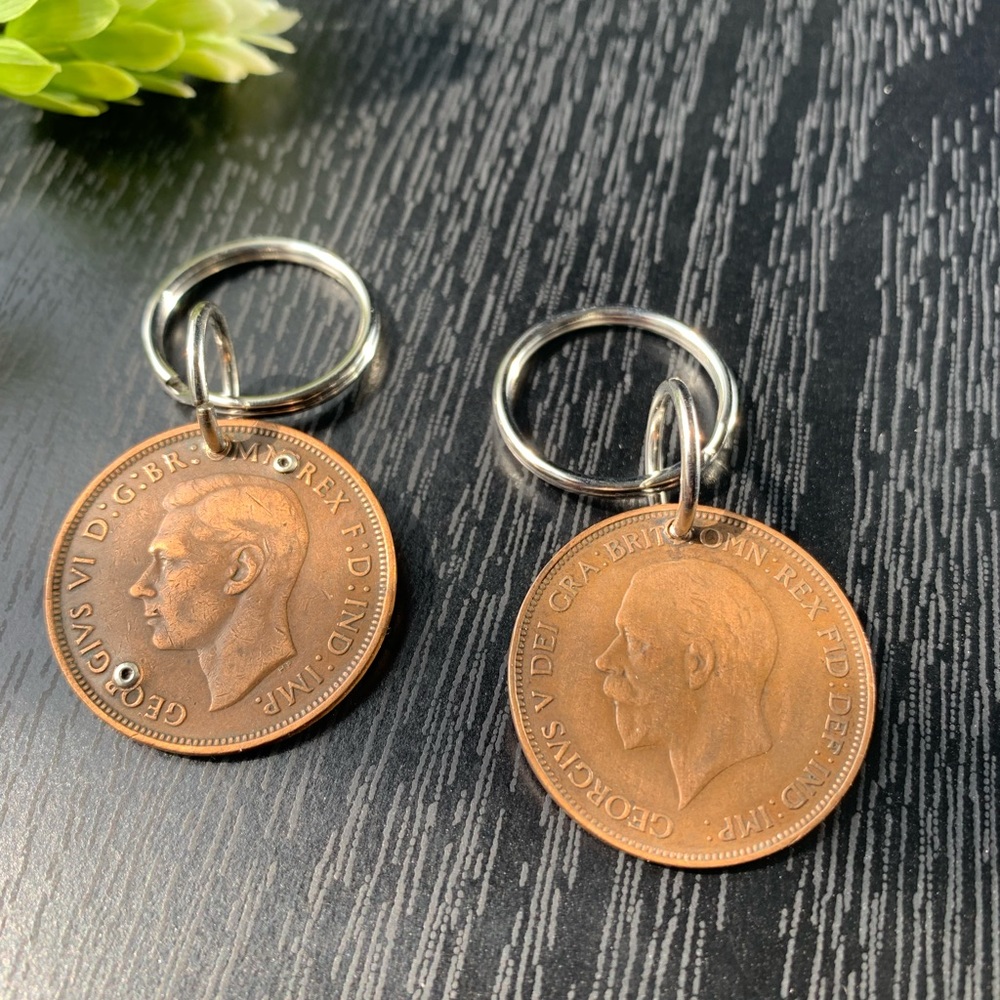 Vintage English Penny Coin Keychain Lot Sterling Rivets World Money Man … - Picture 2 of 4